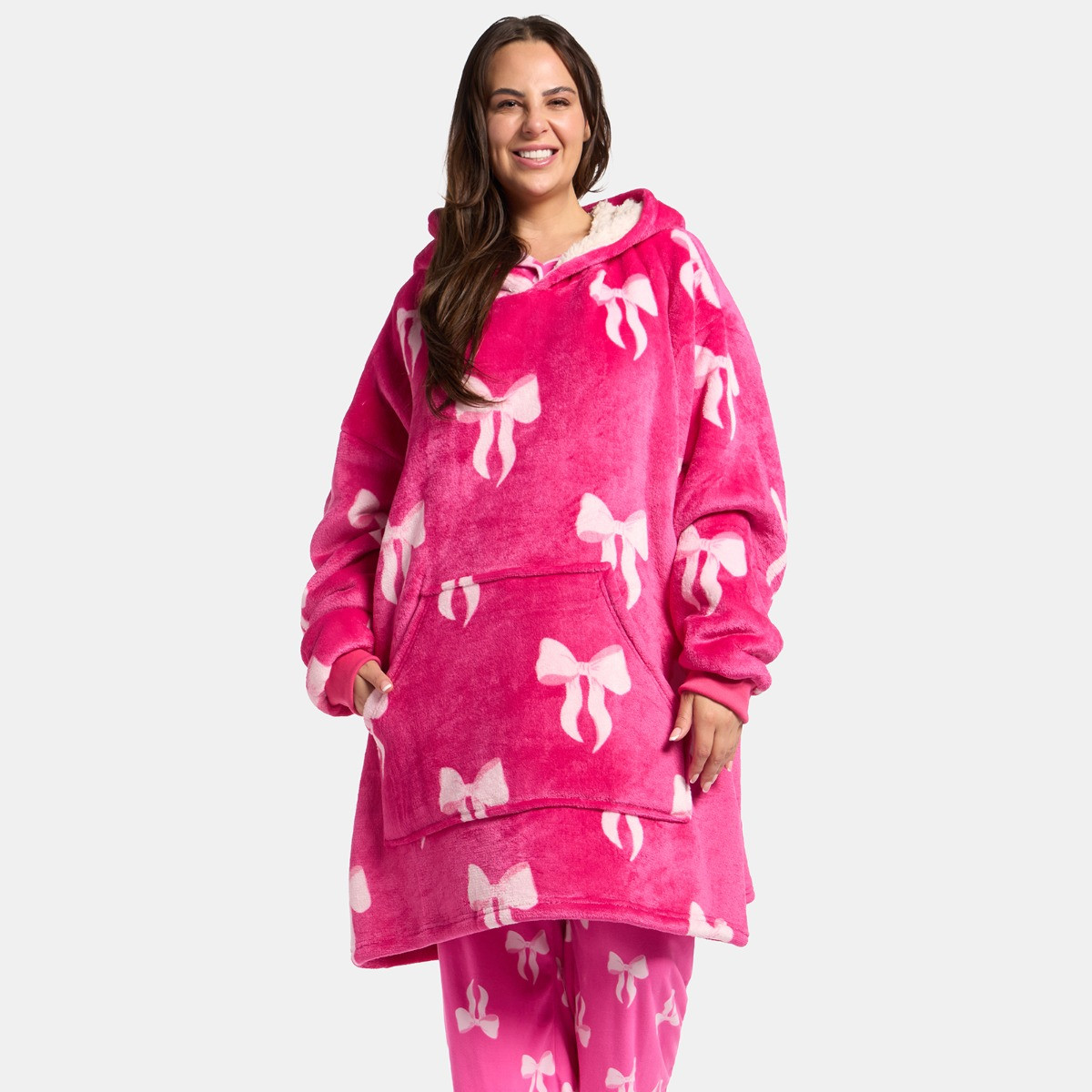 OHS Adults Bow Print Hoodie Blanket - Hot Pink>