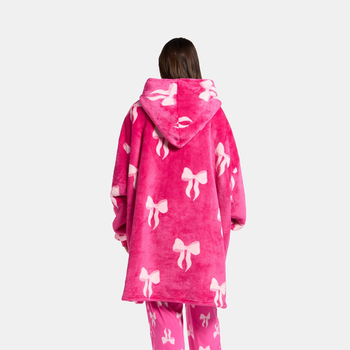 OHS Adults Bow Print Hoodie Blanket - Hot Pink>