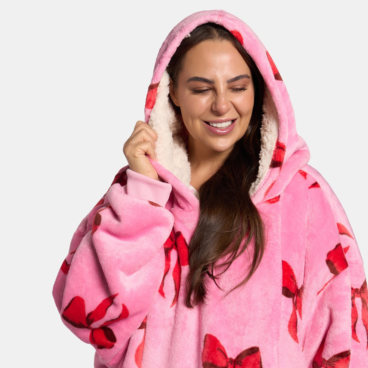 OHS Adults Bow Print Hoodie Blanket - Pink>
