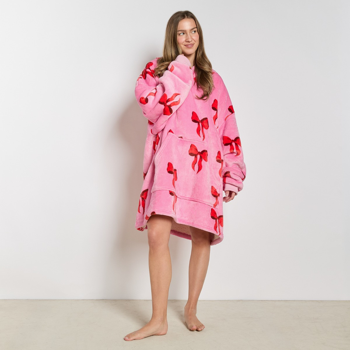 OHS Adults Bow Print Hoodie Blanket - Pink>