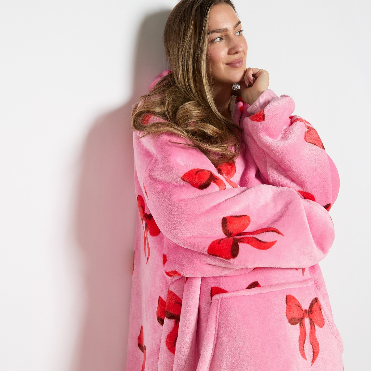OHS Adults Bow Print Hoodie Blanket - Pink>