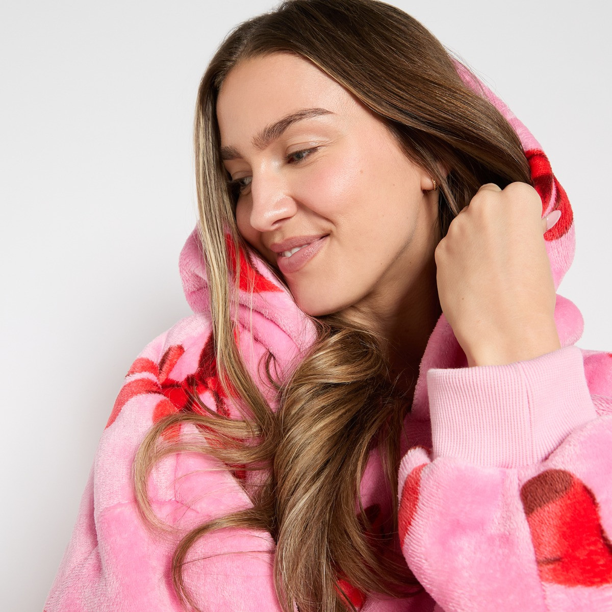 OHS Adults Bow Print Hoodie Blanket - Pink>