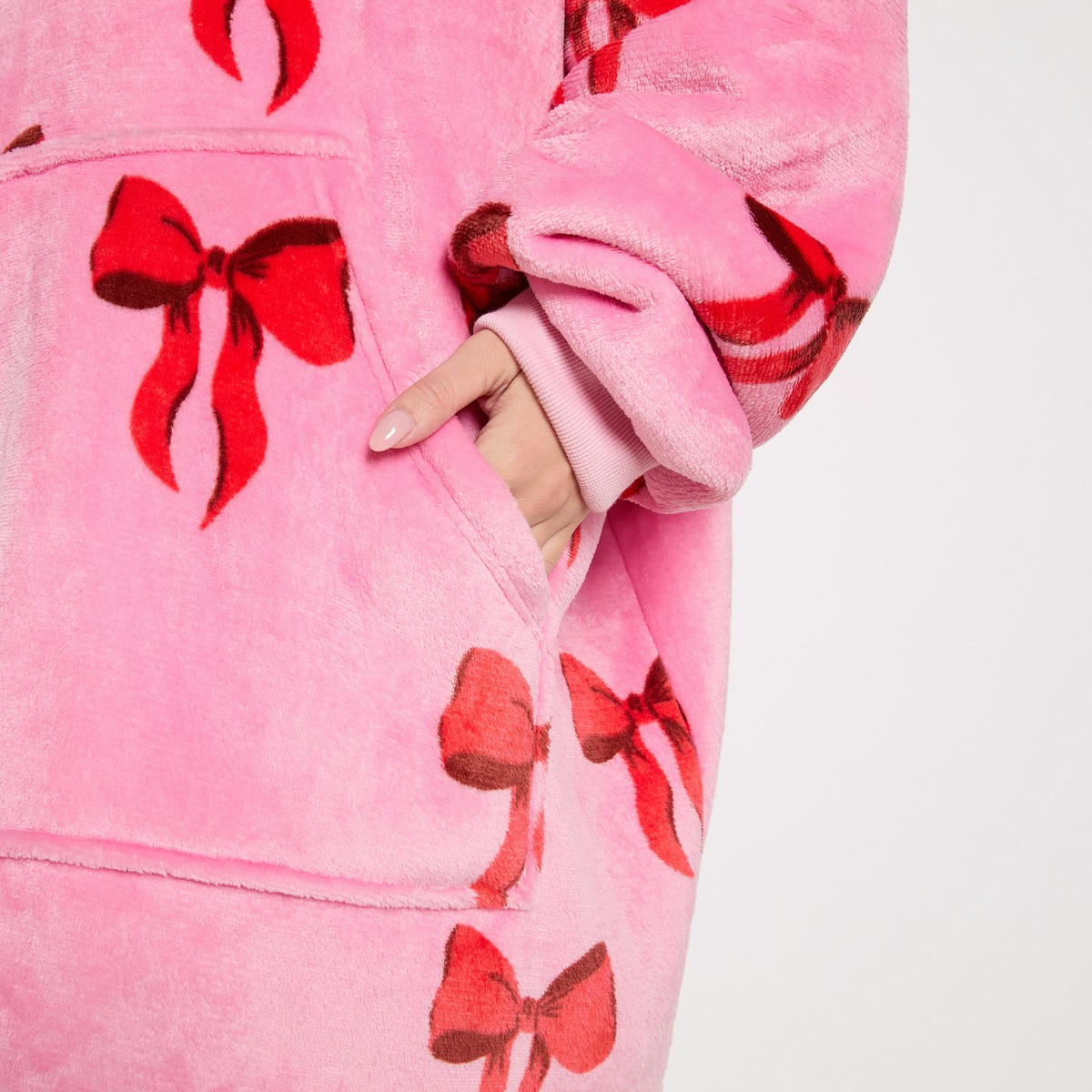 OHS Adults Bow Print Hoodie Blanket - Pink>