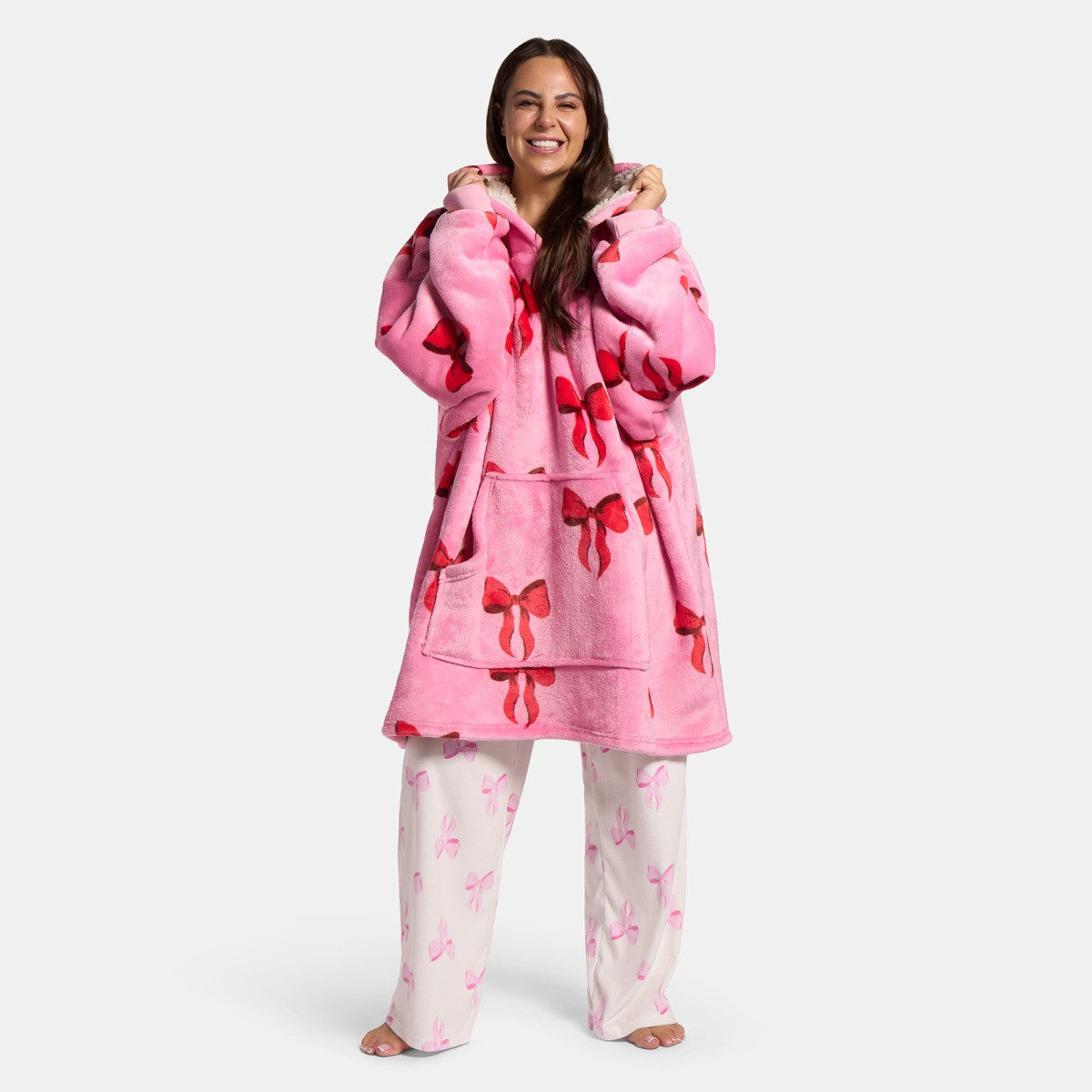 OHS Adults Bow Print Hoodie Blanket - Pink>
