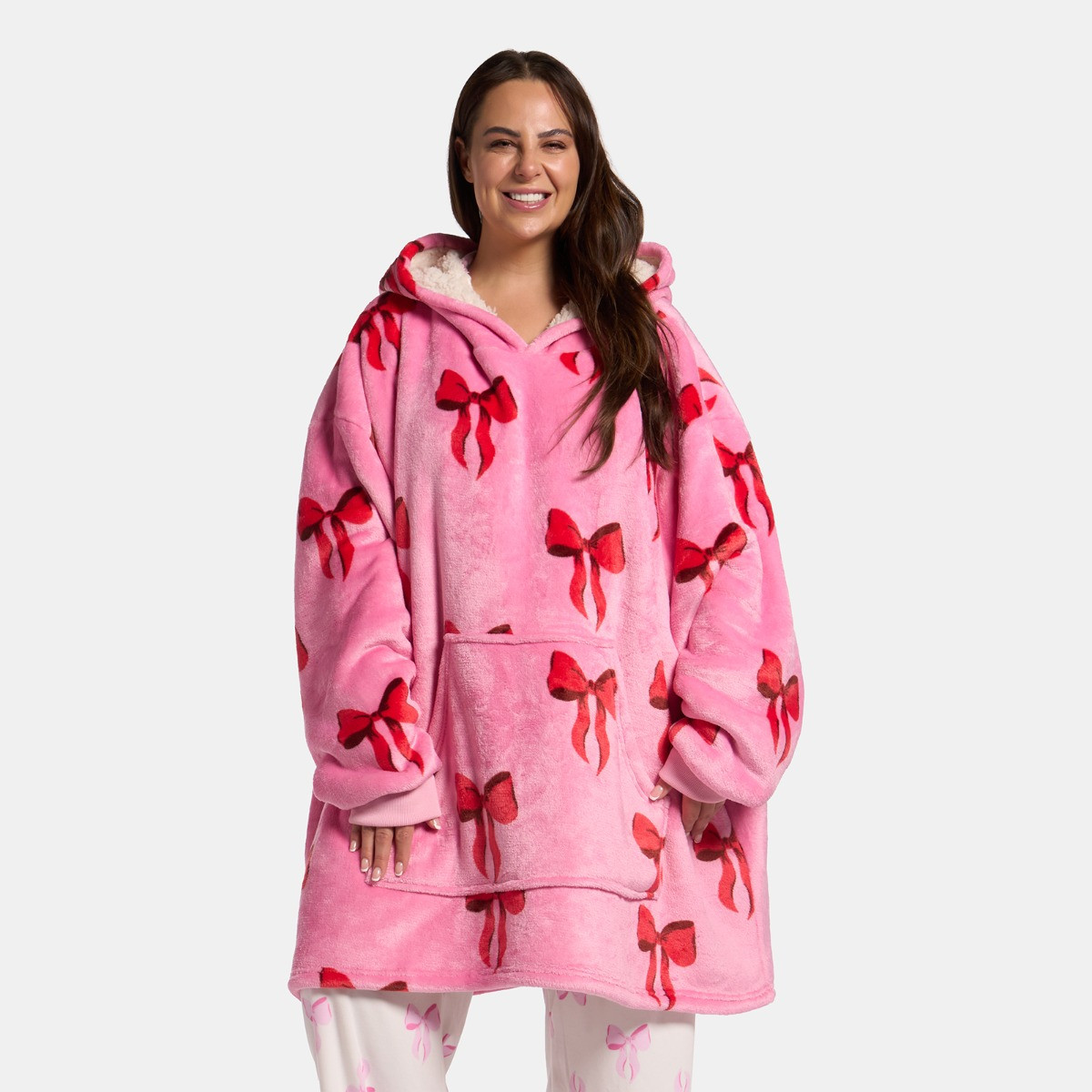 OHS Adults Bow Print Hoodie Blanket - Pink>