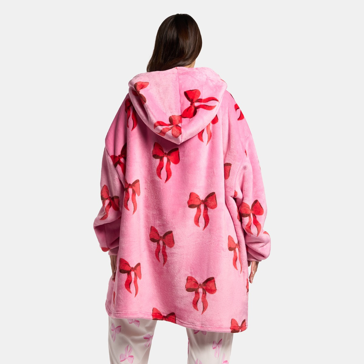 OHS Adults Bow Print Hoodie Blanket - Pink>