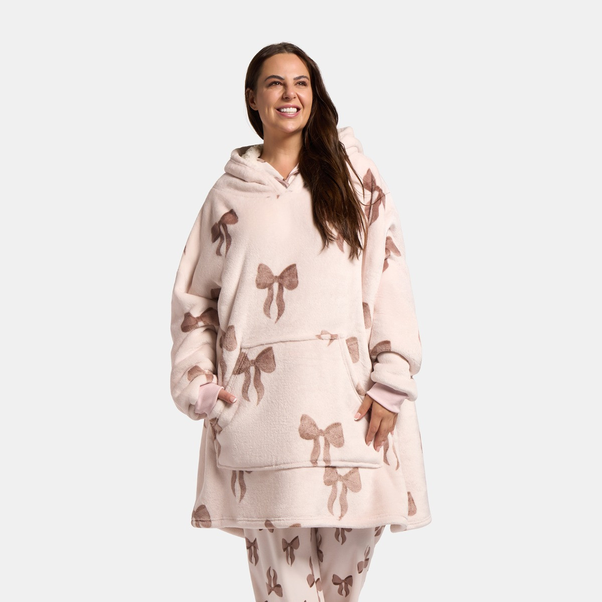 OHS Adults Bow Print Hoodie Blanket - Cream>