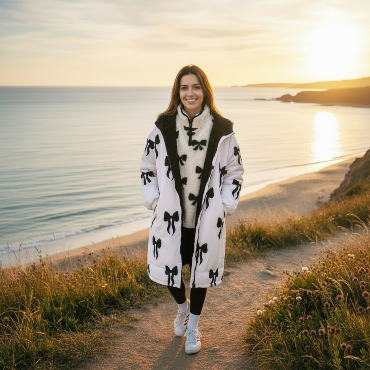 OHS Adult Water Resistant Sherpa Bow Print Drying Robe - Monochrome>