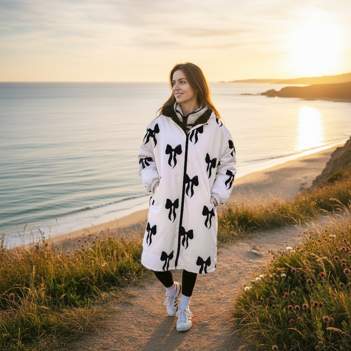 OHS Adult Water Resistant Sherpa Bow Print Drying Robe - Monochrome>