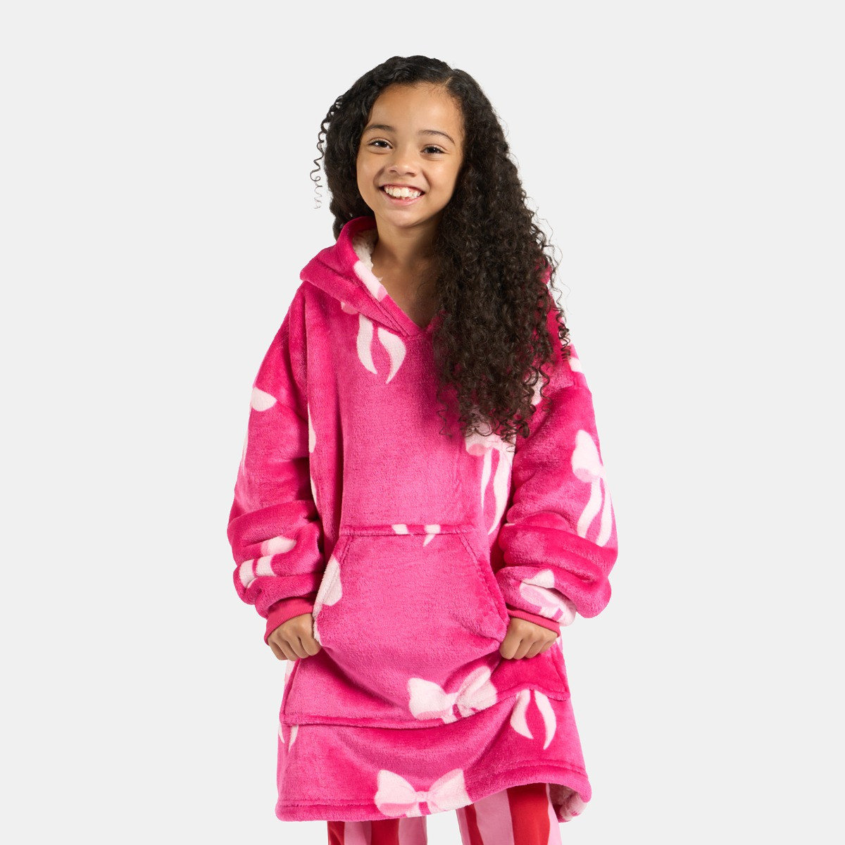 OHS Kids Bow Print Hoodie Blanket - Hot Pink>