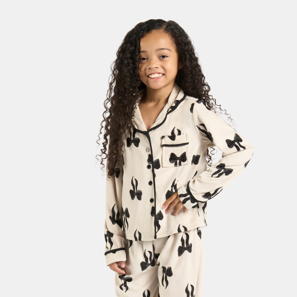 OHS Mini Me Bow Print Button Through Pyjama Set, Monochrome - 7-8>