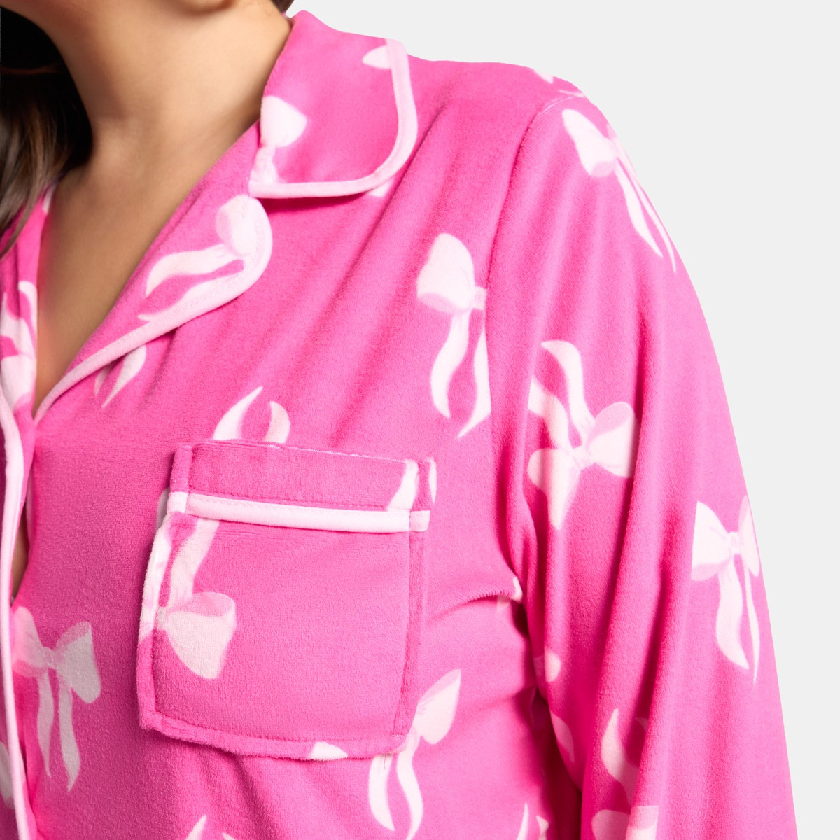 OHS Bow Print Button Through Pyjama Set, Hot Pink - Small/Medium>