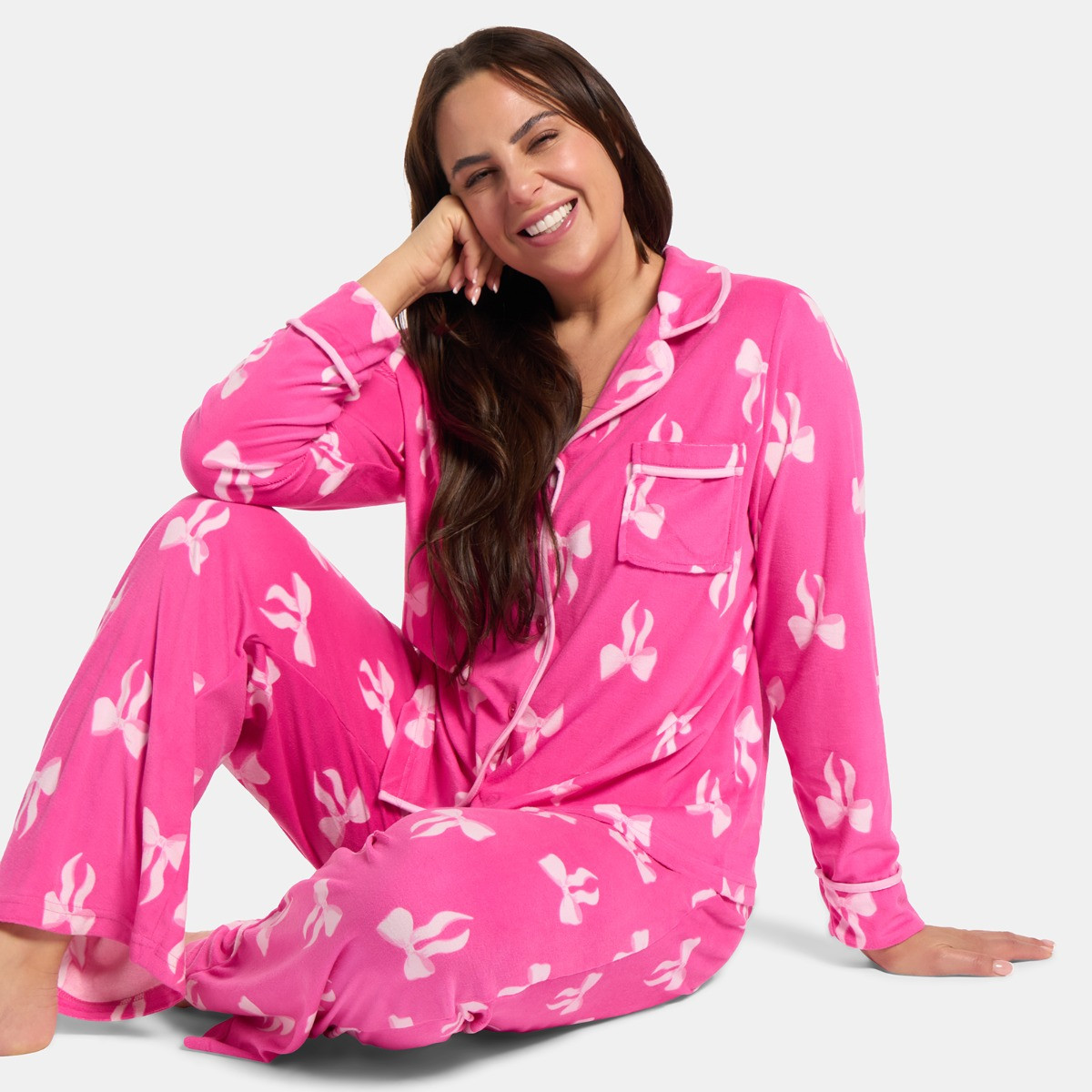 OHS Bow Print Button Through Pyjama Set, Hot Pink - Small/Medium>