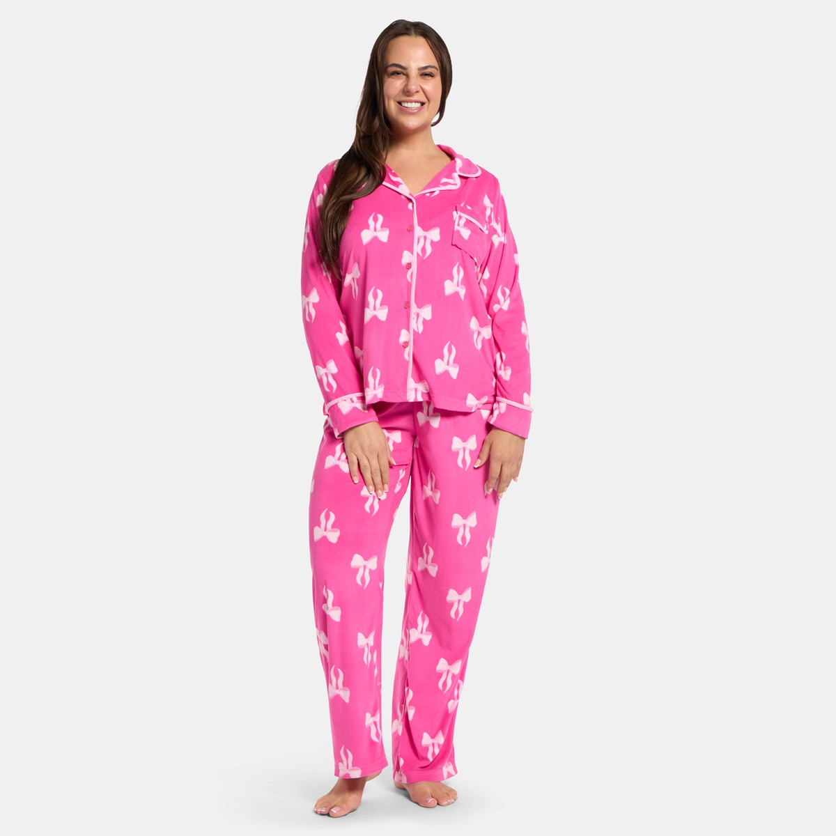 OHS Bow Print Button Through Pyjama Set, Hot Pink - Small/Medium>