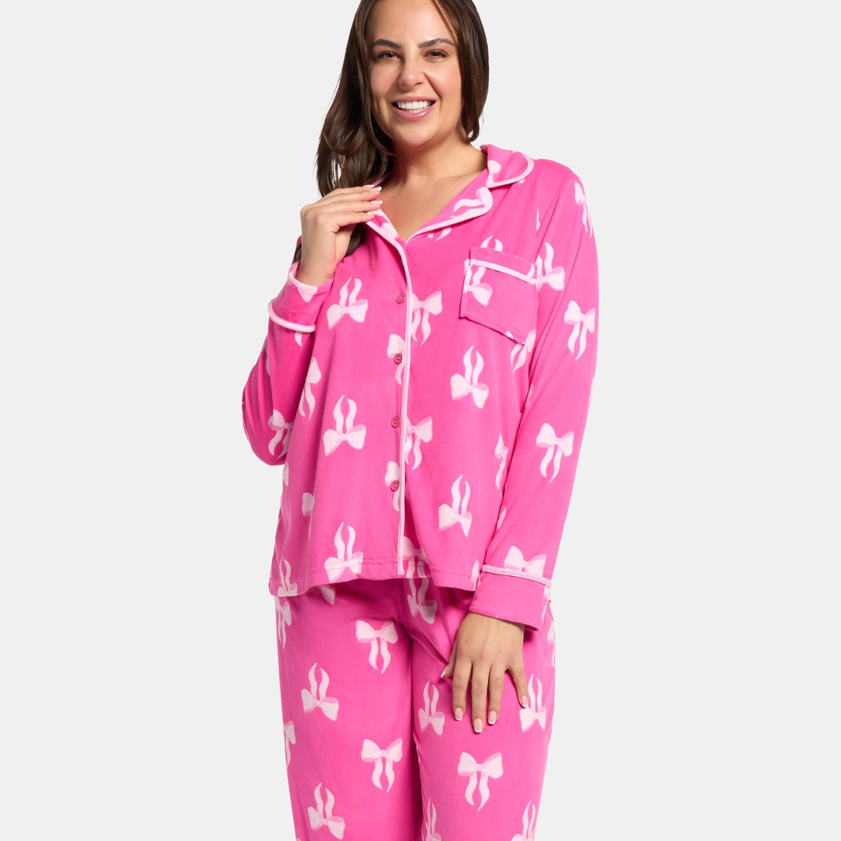OHS Bow Print Button Through Pyjama Set - Hot Pink>
