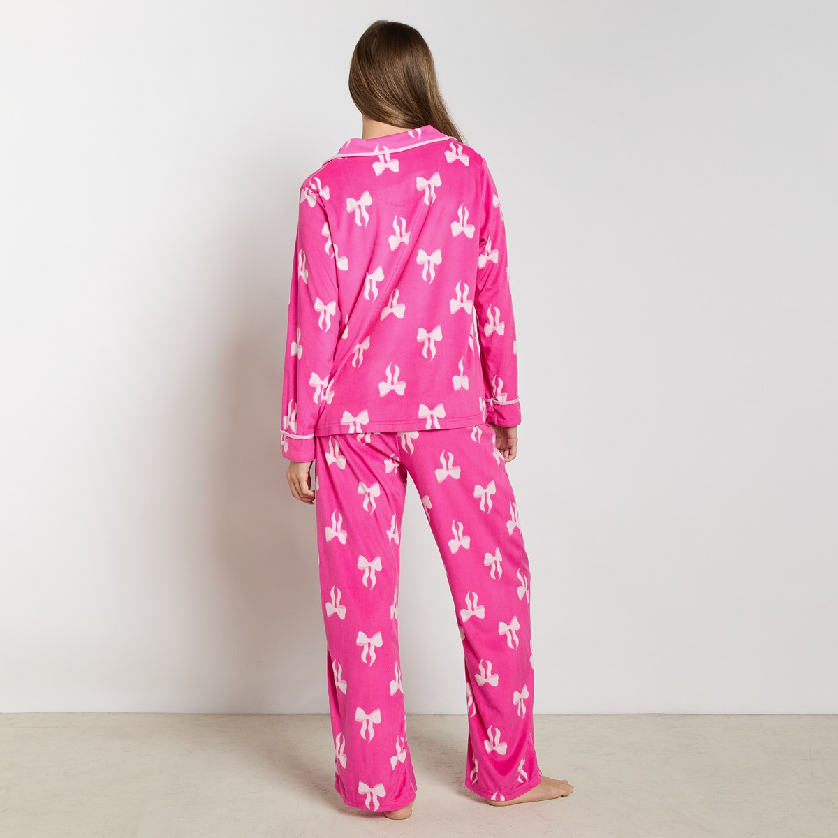 OHS Bow Print Button Through Pyjama Set - Hot Pink>