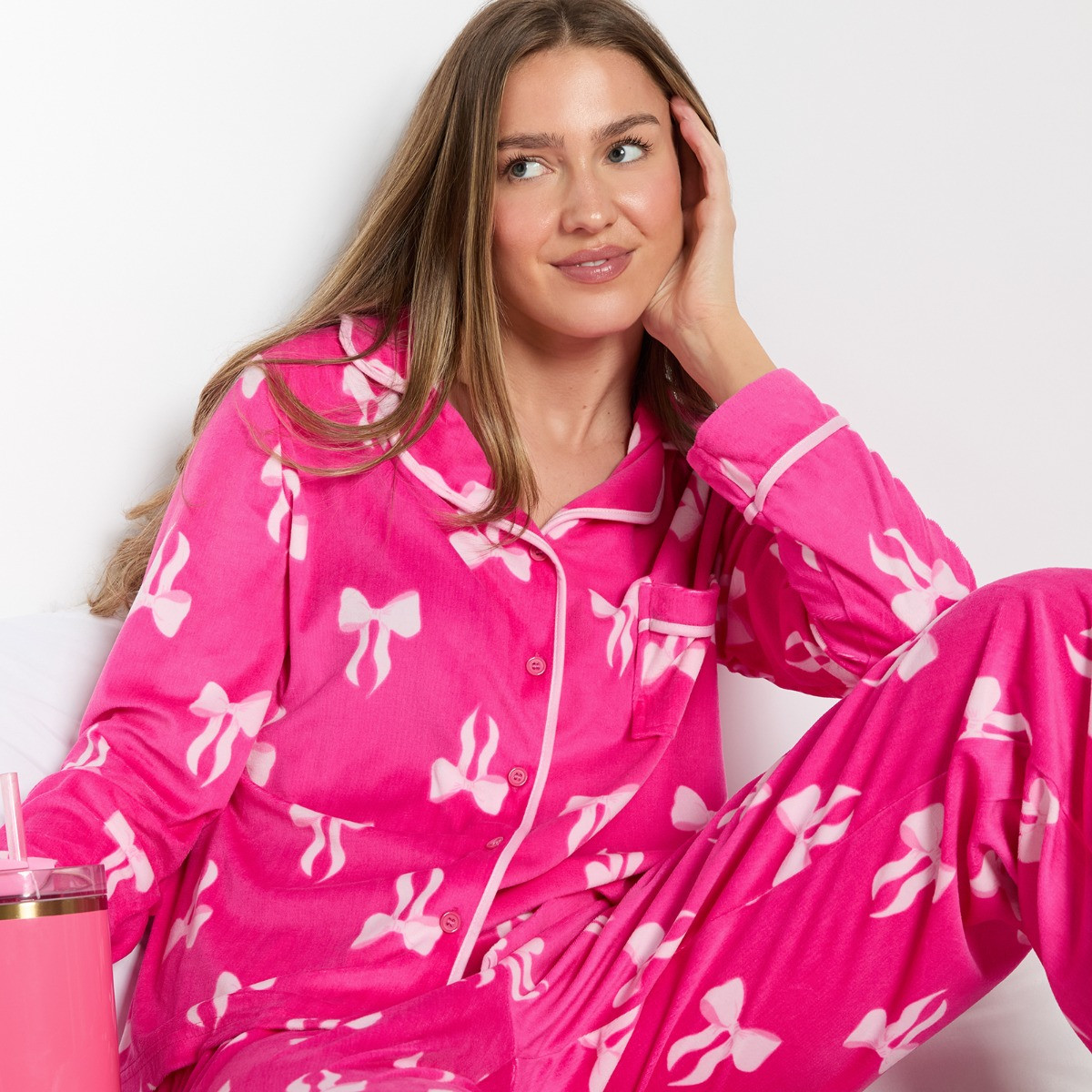 OHS Bow Print Button Through Pyjama Set - Hot Pink>