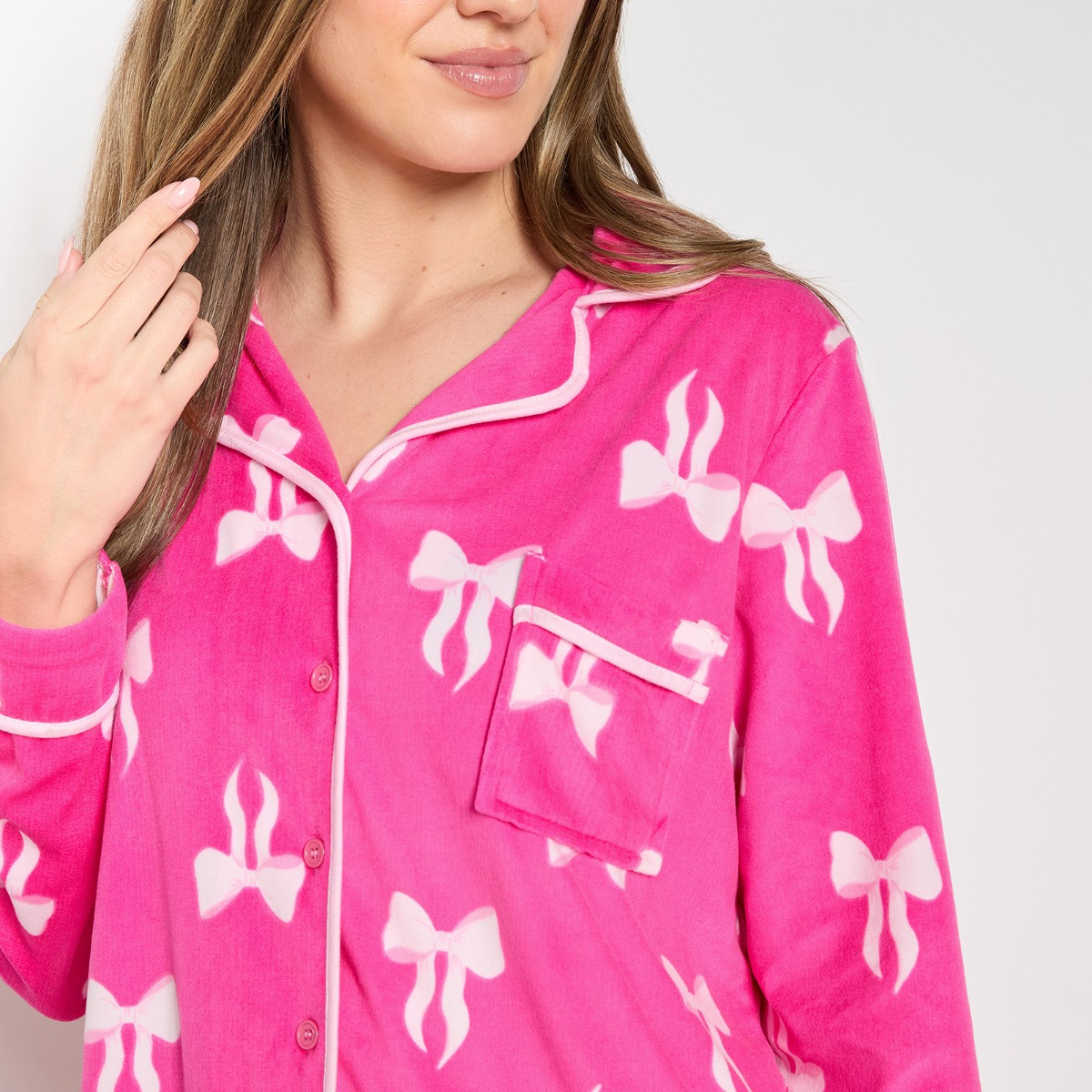 OHS Bow Print Button Through Pyjama Set - Hot Pink>