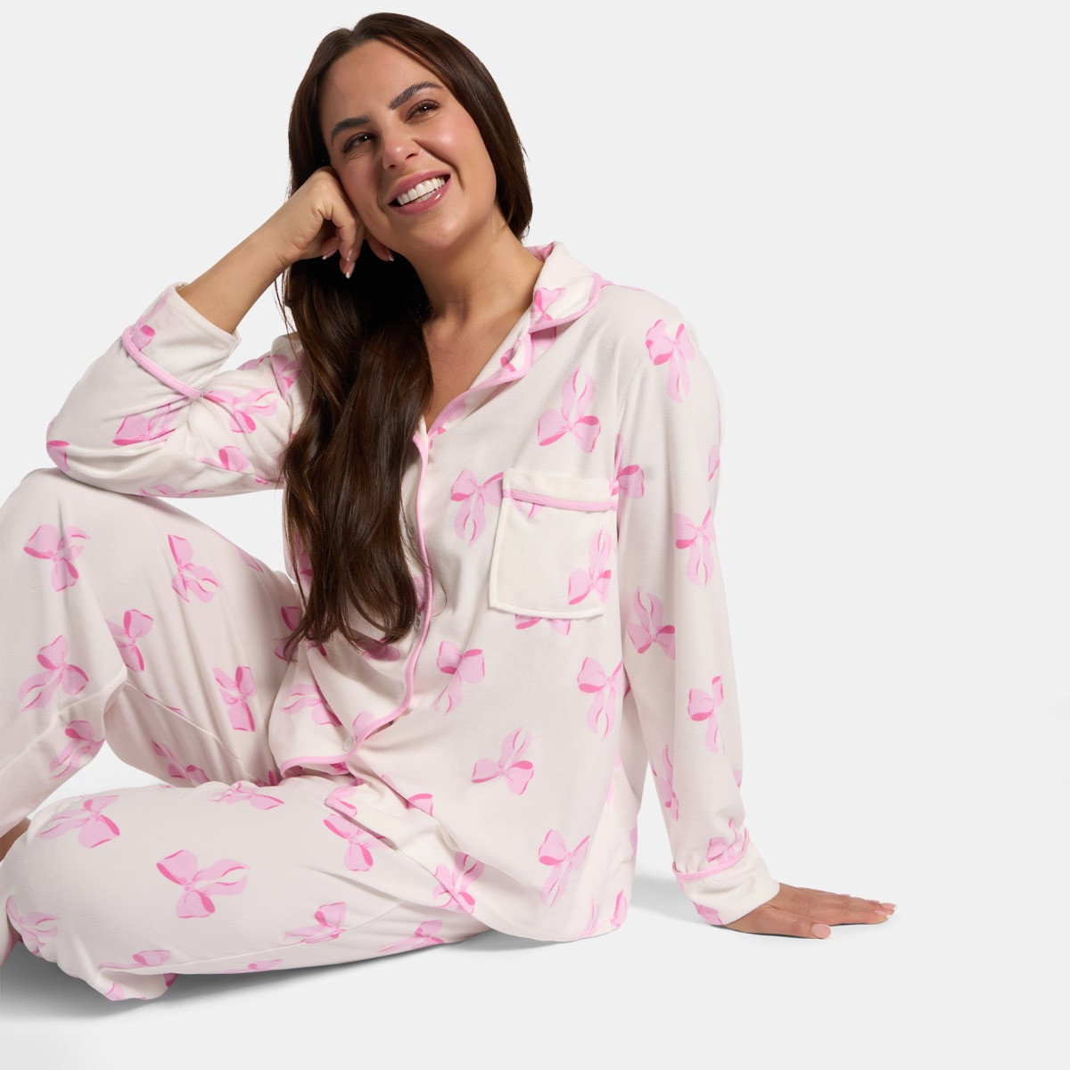 OHS Bow Print Button Through Pyjama Set - White>