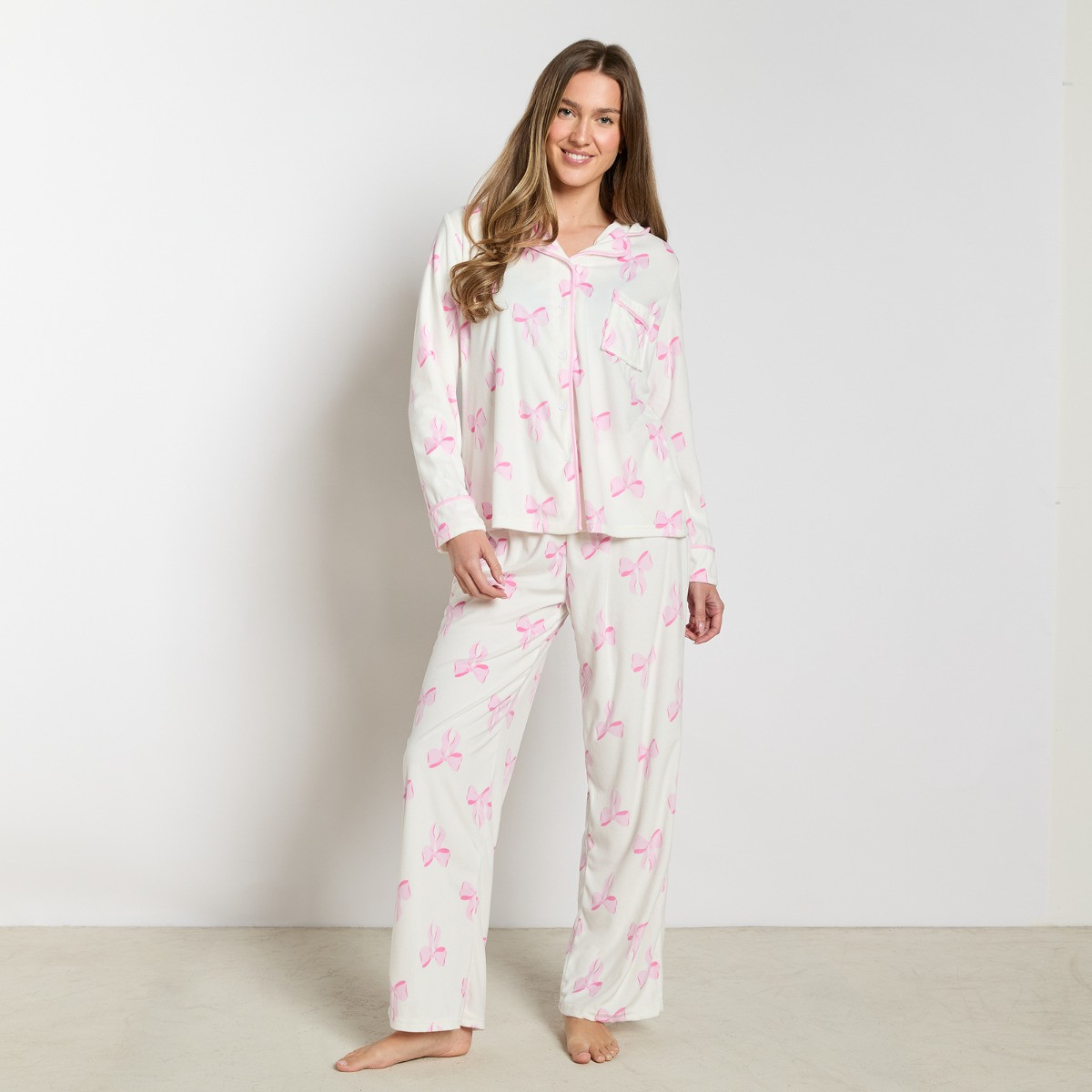 OHS Bow Print Button Through Pyjama Set - White>