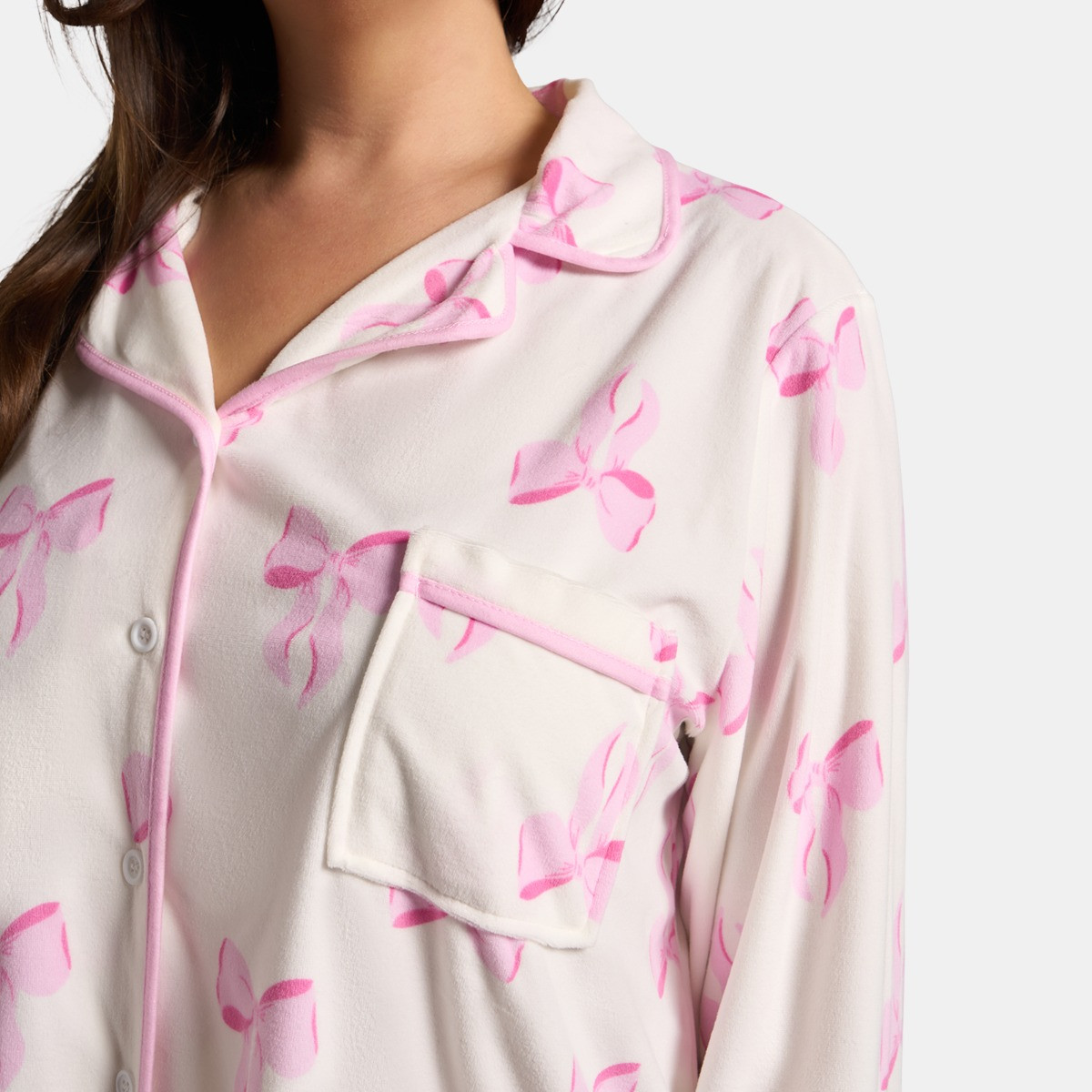 OHS Bow Print Button Through Pyjama Set - White>