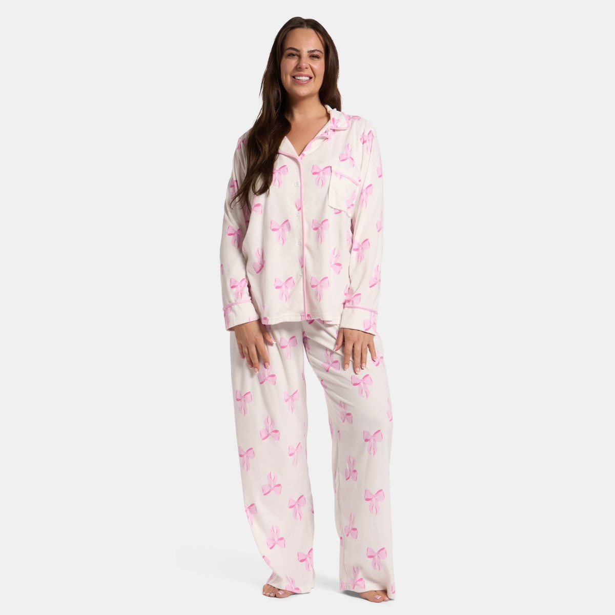 OHS Bow Print Button Through Pyjama Set - White>