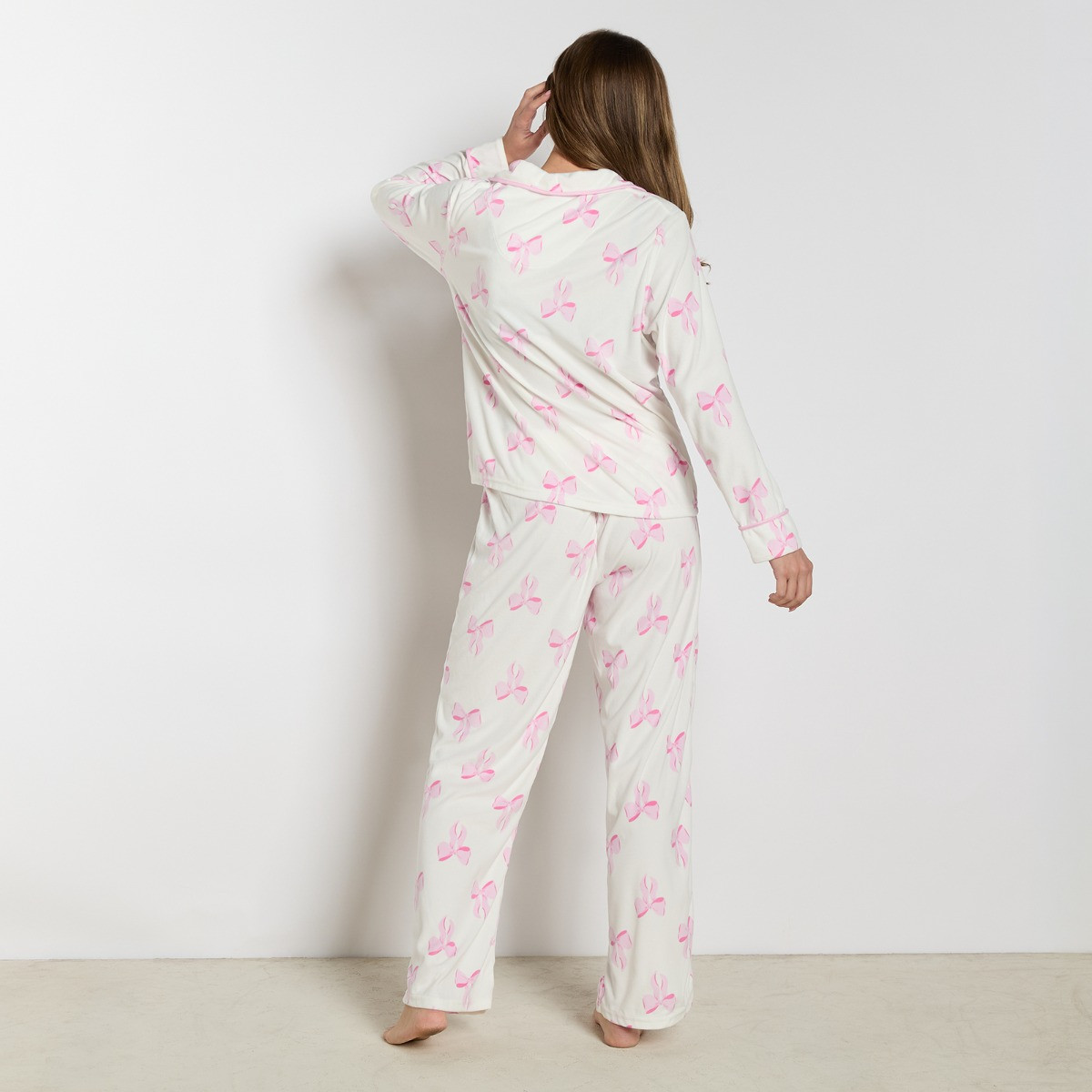 OHS Bow Print Button Through Pyjama Set - White>