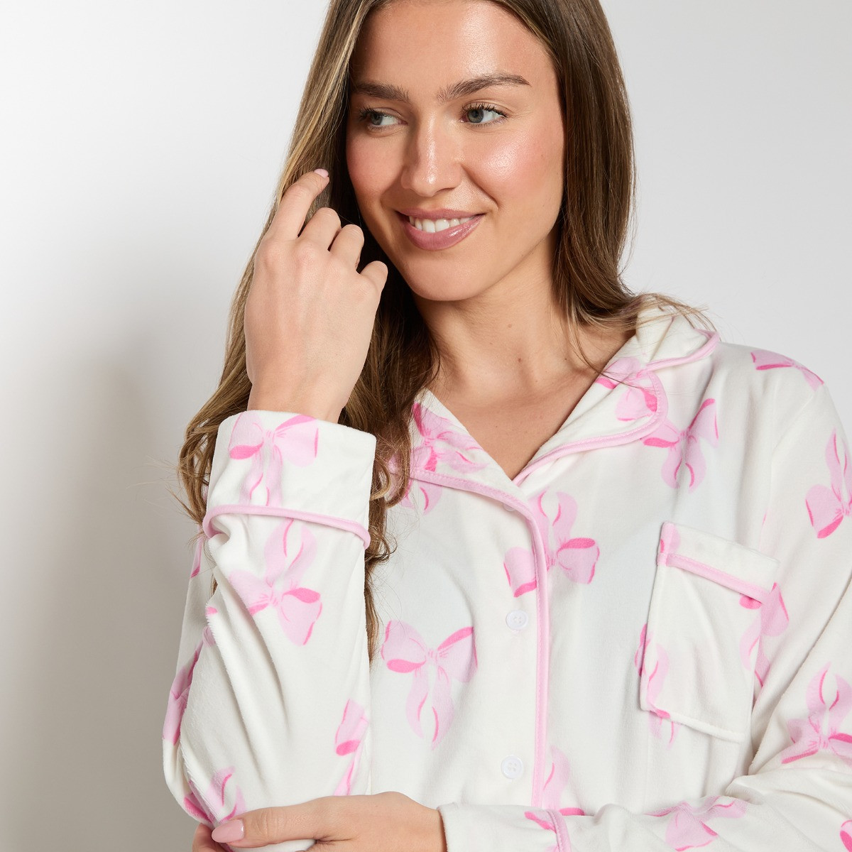 OHS Bow Print Button Through Pyjama Set - White>