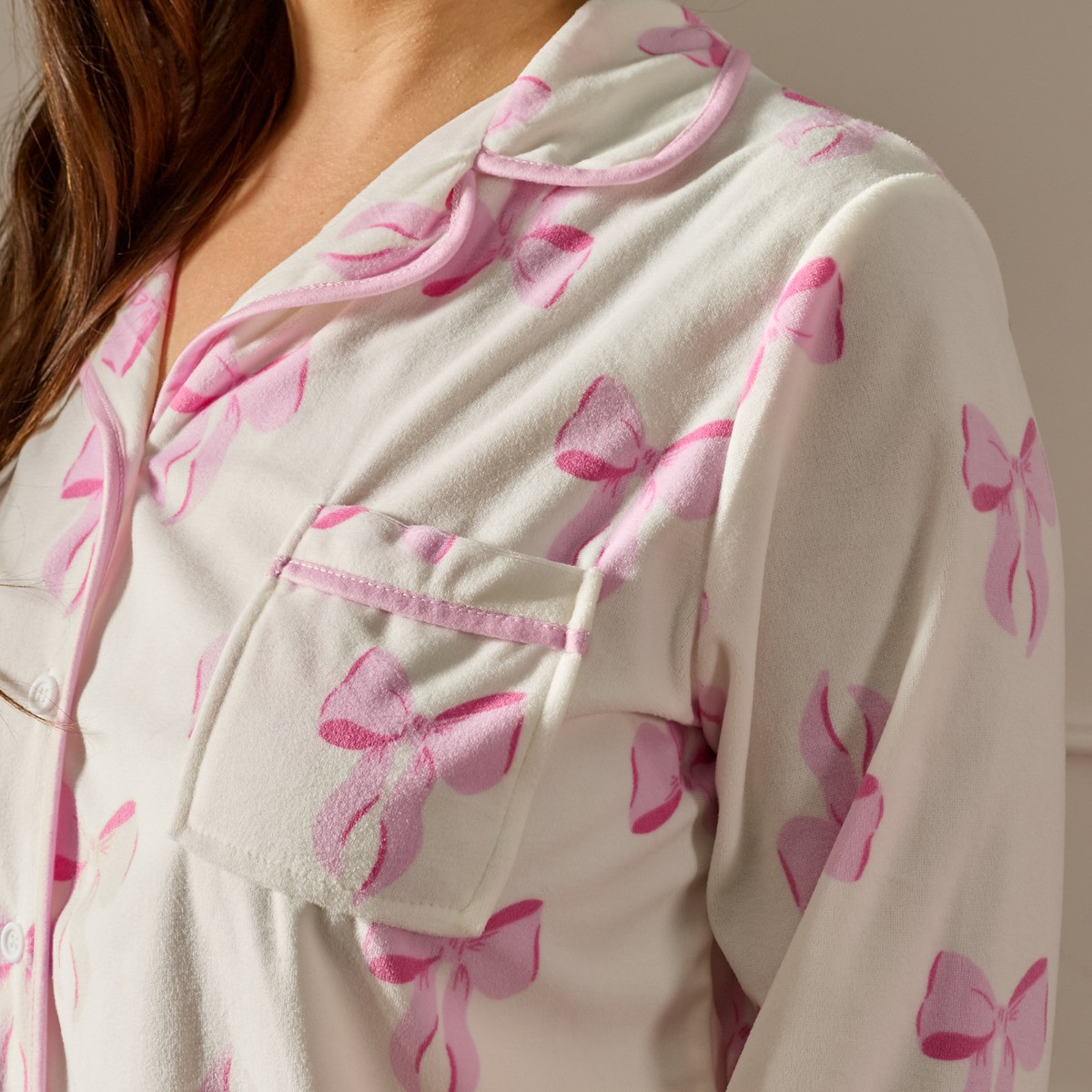 OHS Bow Print Button Through Pyjama Set - White>