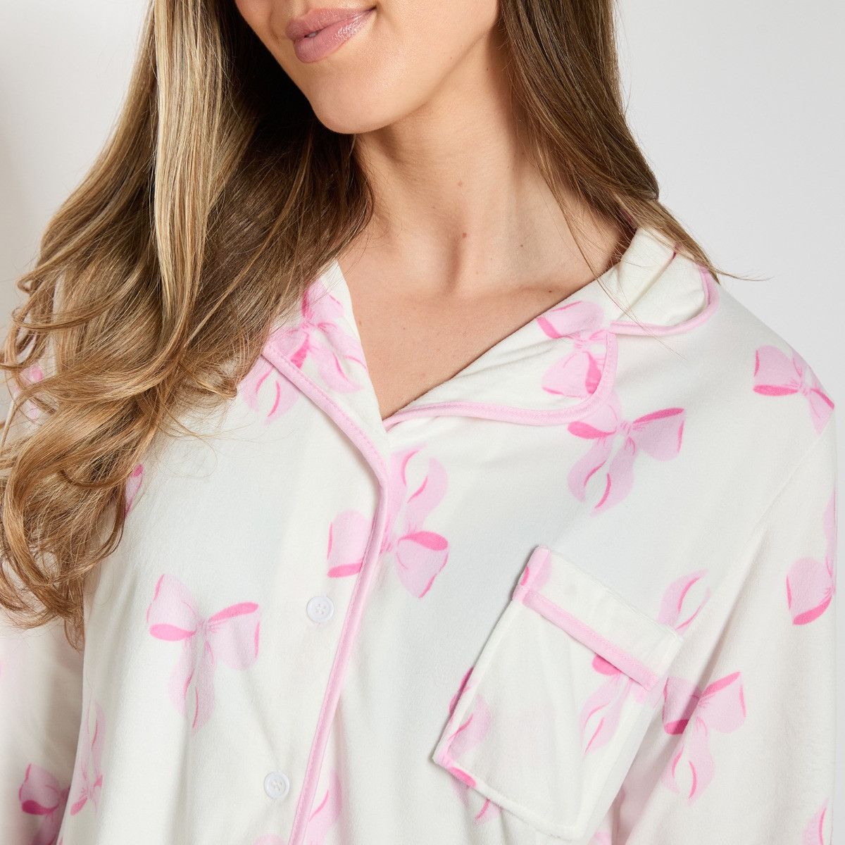OHS Bow Print Button Through Pyjama Set - White>
