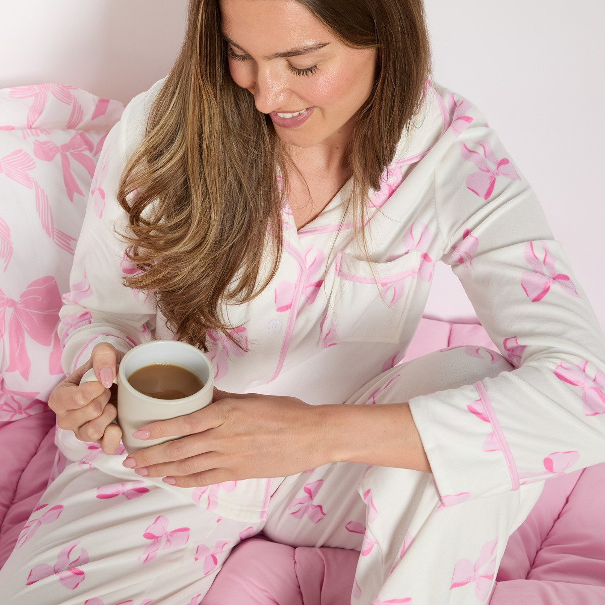 OHS Bow Print Button Through Pyjama Set - White>