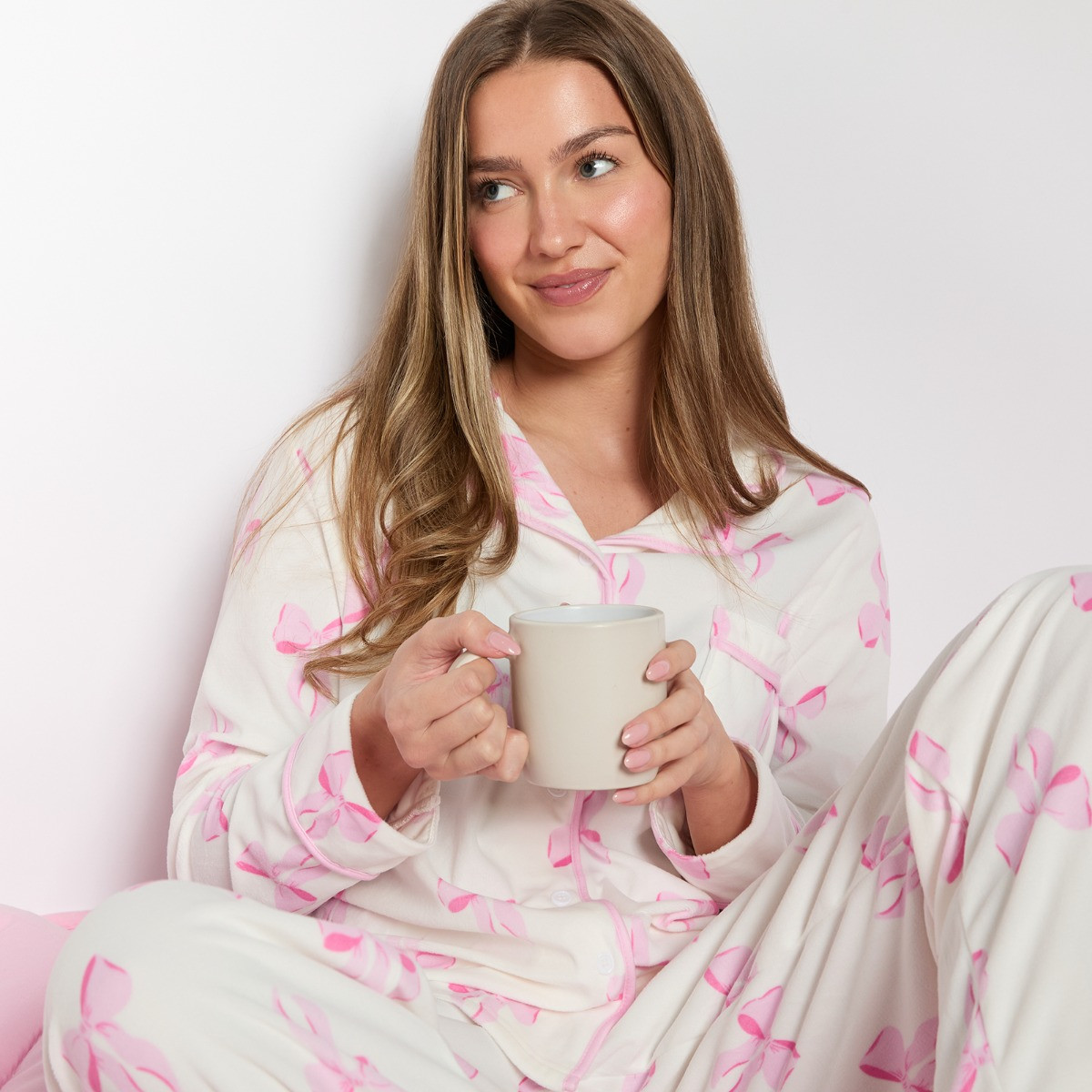 OHS Bow Print Button Through Pyjama Set - White>