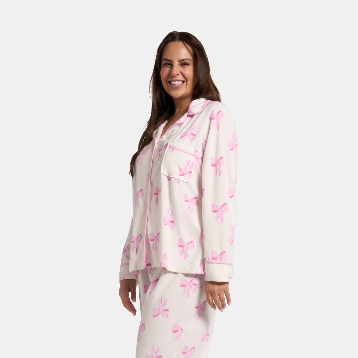 OHS Bow Print Button Through Pyjama Set - White>