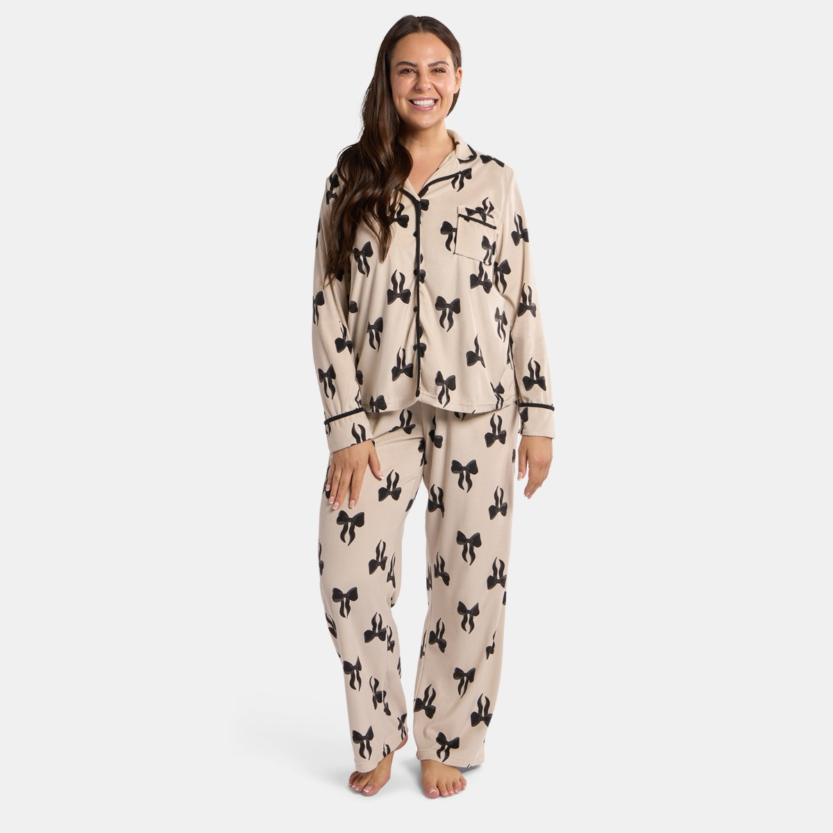 OHS Bow Print Button Through Pyjama Set - Monochrome>