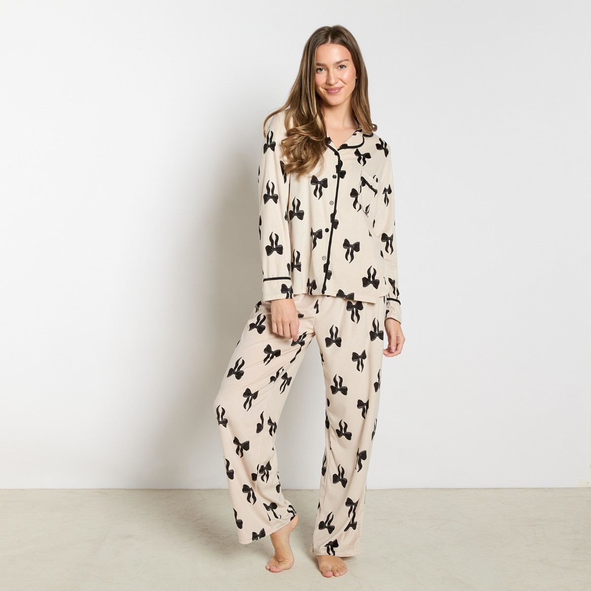 OHS Bow Print Button Through Pyjama Set, Monochrome - Large/Extra Large>