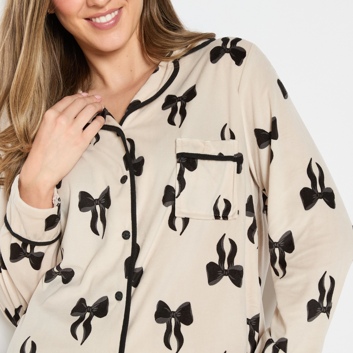 OHS Bow Print Button Through Pyjama Set, Monochrome - Small/Medium>