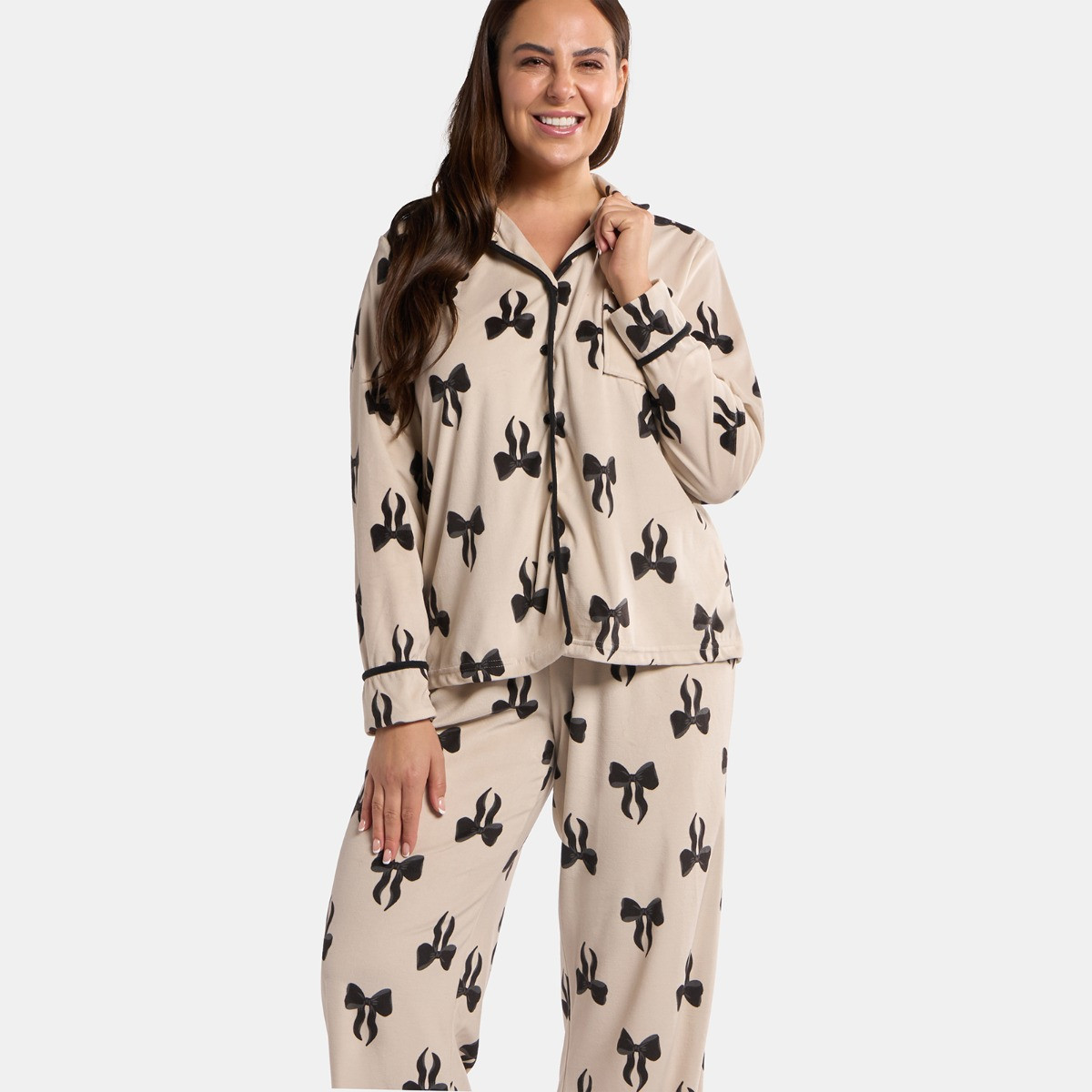 OHS Bow Print Button Through Pyjama Set - Monochrome>