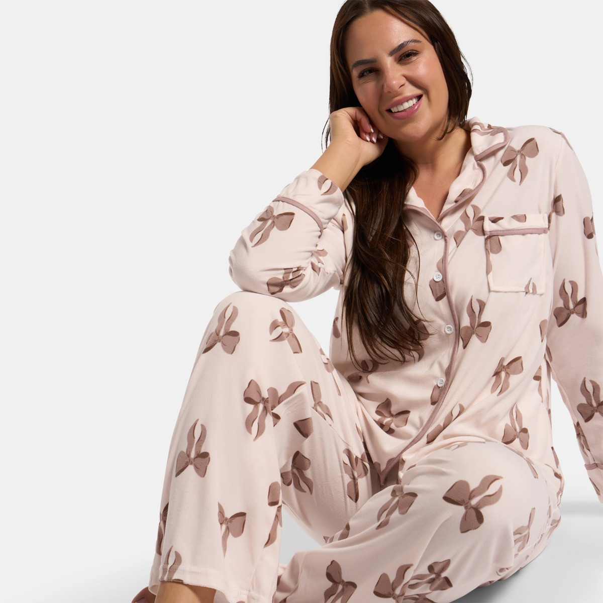 OHS Bow Print Button Through Pyjama Set - Cream>