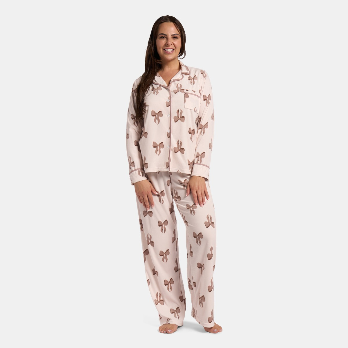 OHS Bow Print Button Through Pyjama Set - Cream>