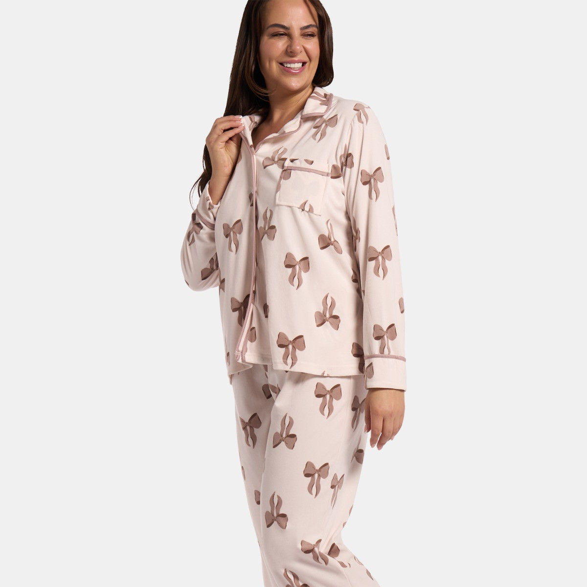 OHS Bow Print Button Through Pyjama Set - Cream>