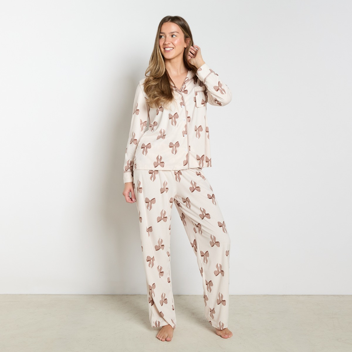 OHS Bow Print Button Through Pyjama Set - Cream>