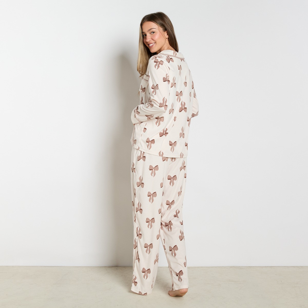 OHS Bow Print Button Through Pyjama Set - Cream>