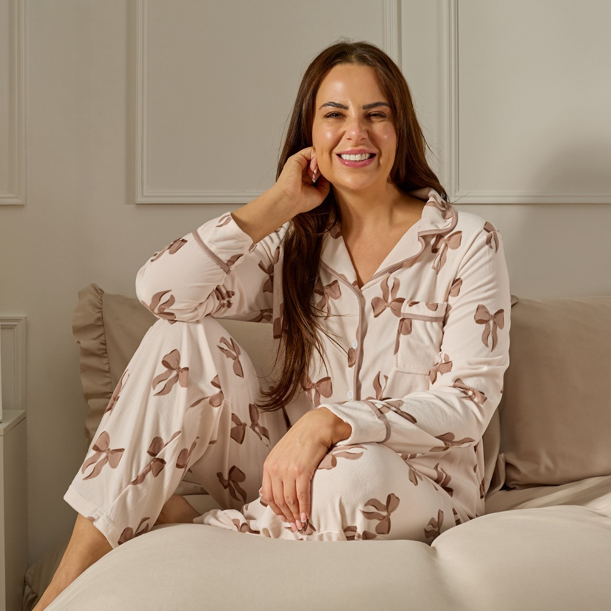 OHS Bow Print Button Through Pyjama Set - Cream>
