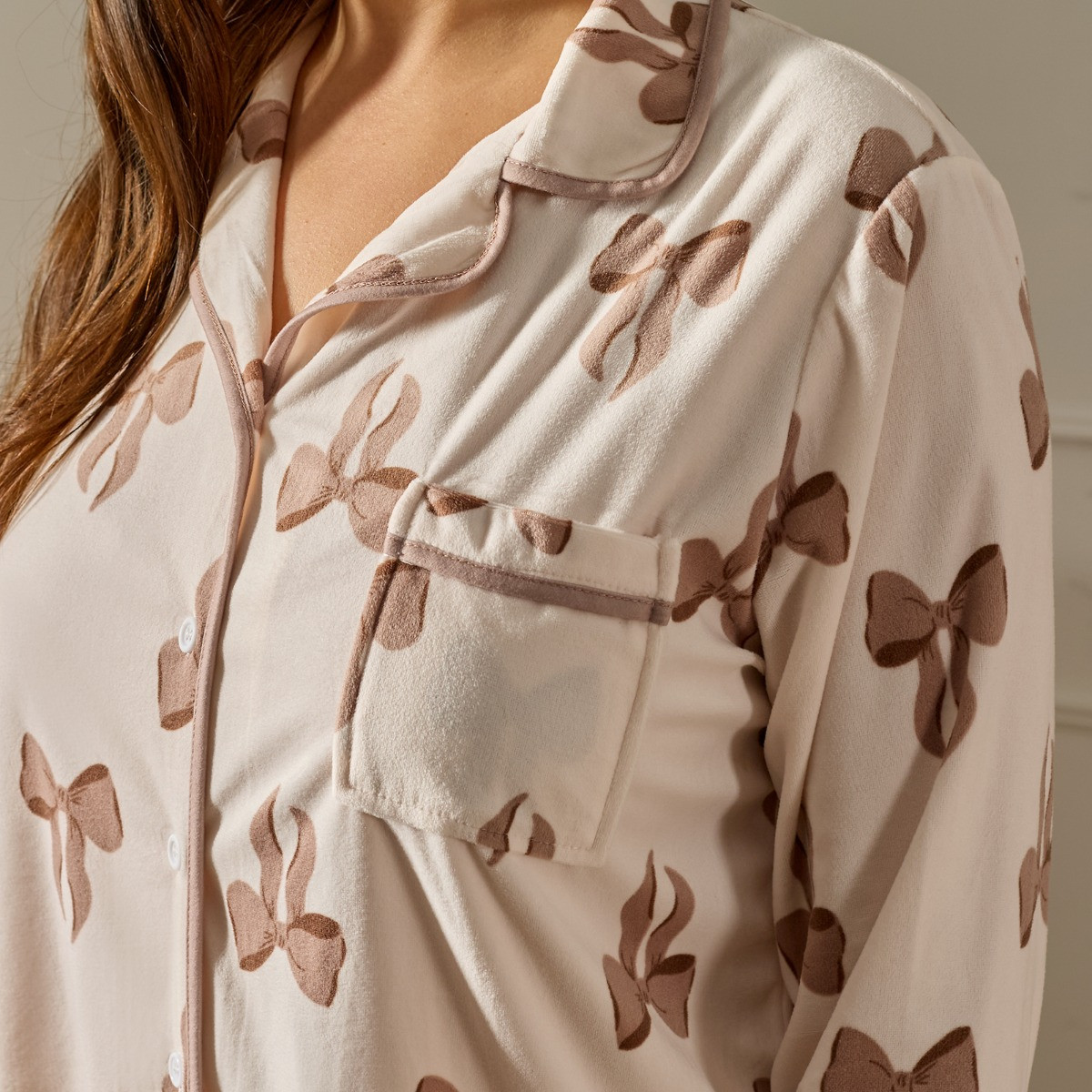 OHS Bow Print Button Through Pyjama Set - Cream>