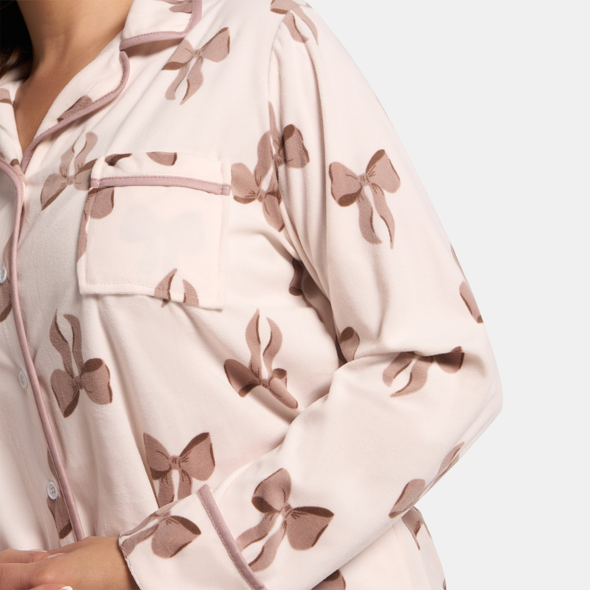 OHS Bow Print Button Through Pyjama Set - Cream>