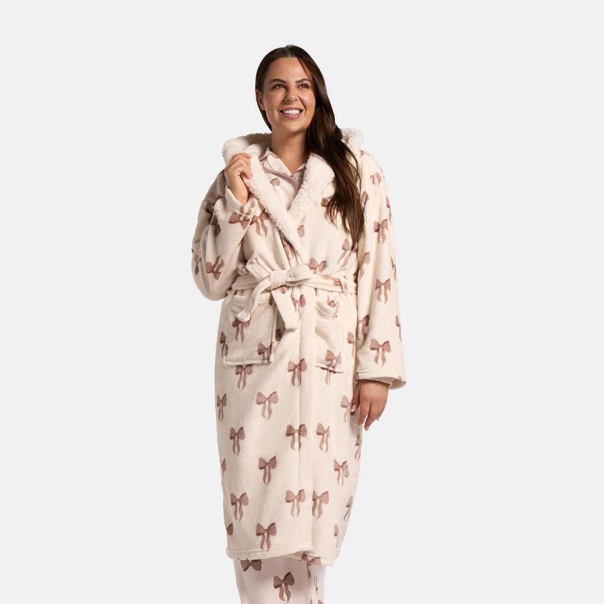 OHS Bow Print Dressing Gown, Adults - Cream>