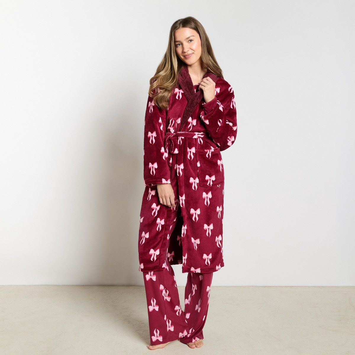 OHS Bow Print Dressing Gown, Adults - Burgundy>