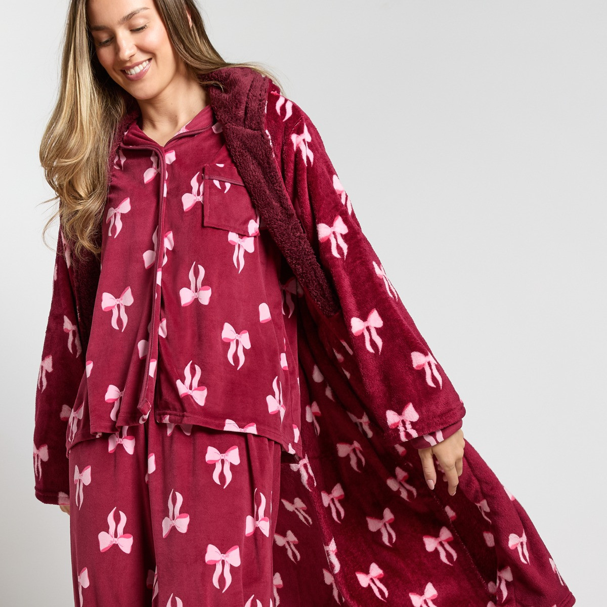 OHS Bow Print Dressing Gown, Adults - Burgundy>