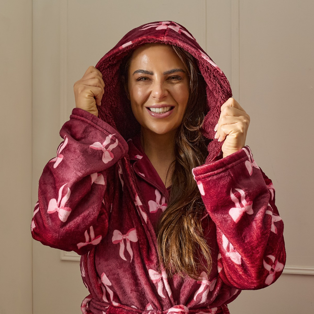 OHS Bow Print Dressing Gown, Adults - Burgundy>