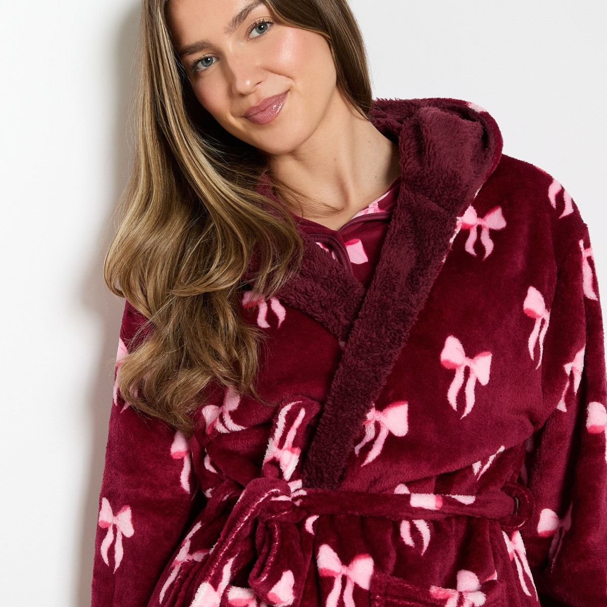 OHS Bow Print Dressing Gown, Adults - Burgundy>